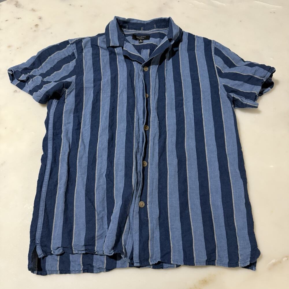 Banana Republic Men S Linen Cotton Camp Shirt Blue Striped Loop Collar Vacation